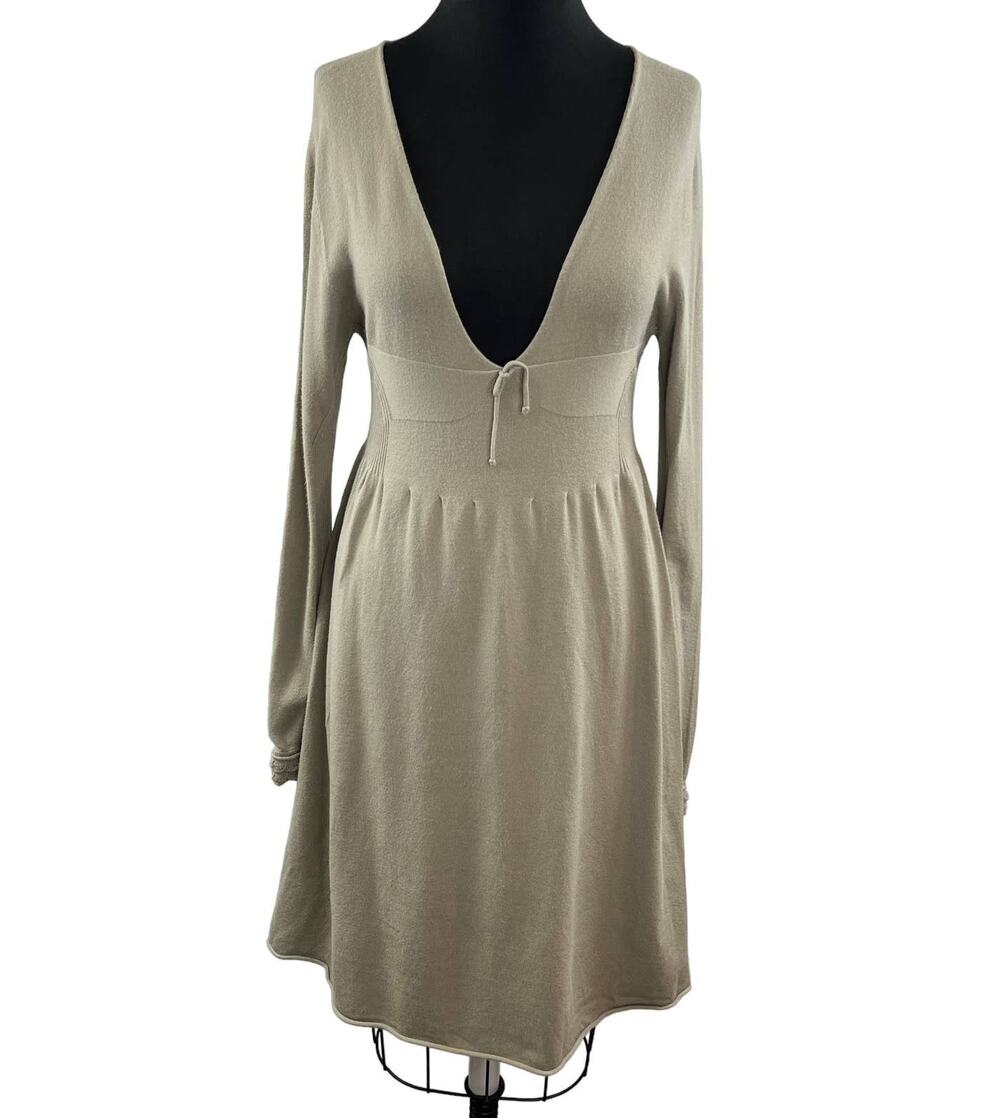 NWT TWINSET Simona Barbieri Tan Knit Plunge A-Line Sweater Dress Wool NEW M